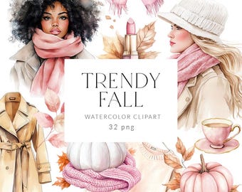 Fall Fashion Clipart, Pink Fall Girl Clipart, Cozy Fall Watercolor, Autumn Fashion Clipart, Winter Fashion Clipart, Pretty Girl, Fall Outfit
