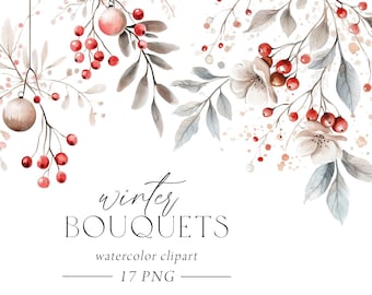 Winter Floral Clipart, Christmas Flowers, Christmas Bouquets, Elegant Winter Bouquets and Wreaths, Winter Wedding, Holiday Invitation
