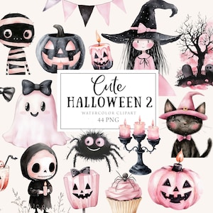 Pink Halloween Clipart Watercolor, Cute Halloween Clipart, Cute Ghosts, Spooky Trick or Treat Pumpkin, Commercial, Halloween Stickers