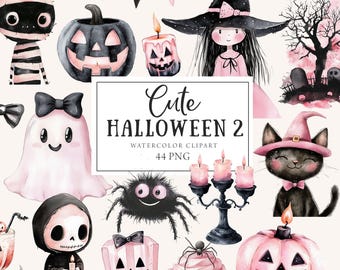 Pink Halloween Clipart Watercolor, Cute Halloween Clipart, Cute Ghosts, Spooky Trick or Treat Pumpkin, Commercial, Halloween Stickers