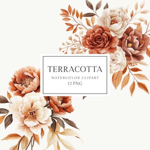 Terracotta bloemen clipart, terracotta boeketten, boho herfstbloemen clipart, terracotta bruiloft clipart aquarel, terracotta uitnodigingen