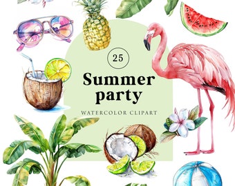 Tropical Clipart, Summer Clipart, Pool Party Clipart, Vacation Clipart, Flamingo, Summer Cocktails, Tropical Party Clipart, Stickers