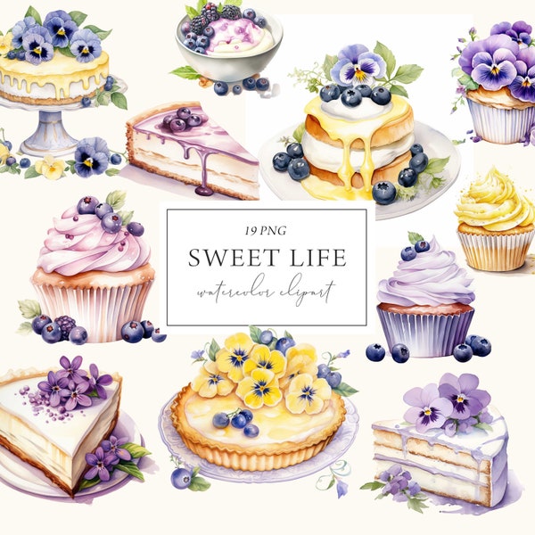 Desserts Clipart Watercolor, Cupcakes Clipart, Pastry Clipart, Patisserie Sweets Cakes, Commercial, Cooking Clipart, Floral Cakes, Foodie