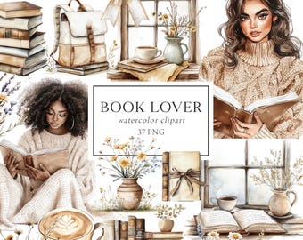 Book Lover Clipart, Neutral Boho Books Clipart, Coffee and Books, Reading Clipart, Bookworm, Library Bookshelf, Girls with Books