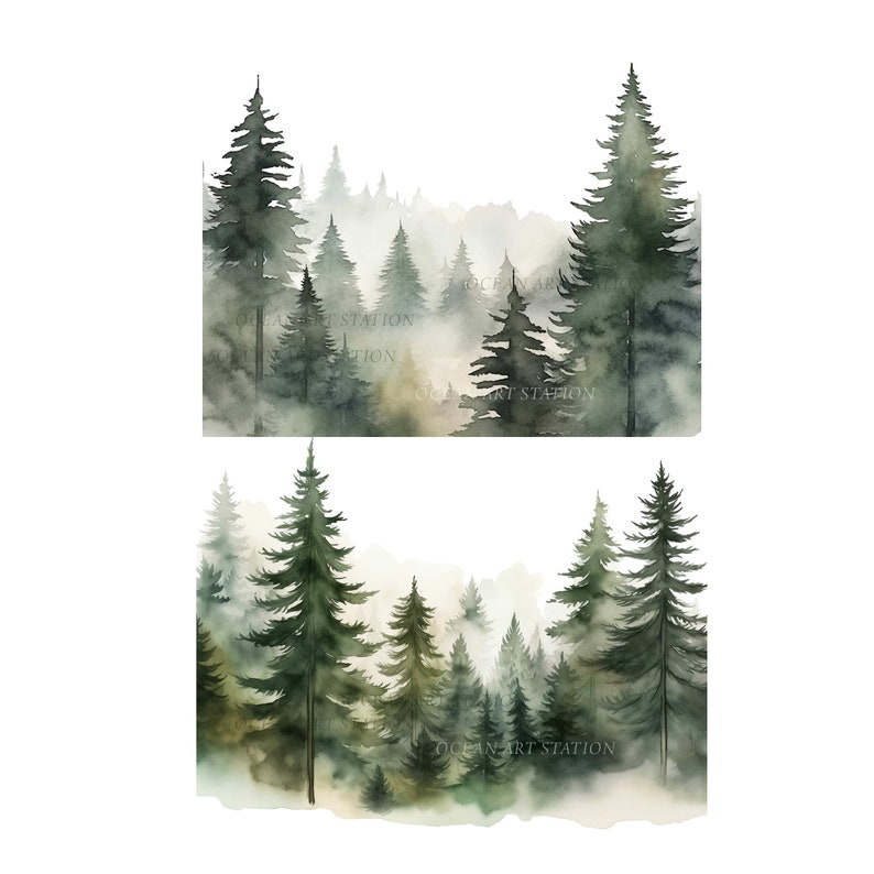 May include: Watercolor painting of a misty forest scene with tall evergreen trees in shades of green and gray. The artwork features a soft, atmospheric effect, with the text "OCEAN ART STATION" subtly placed.