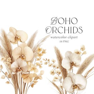 Clipart floreale Boho, Clipart fiori Boho, Clipart bouquet di orchidee, Bouquet acquerellati, Fiori da sposa Boho Png