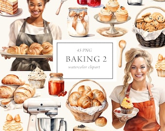Baking Clipart Watercolor, Bakery Clipart, Desserts Cooking Clipart, Pastry Clipart, Baker Girl Patisserie Sweets Cakes Cupcakes, Commercial