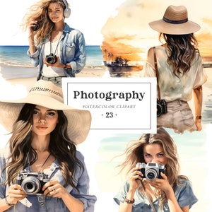 Clipart di fotografia, ragazza con macchina fotografica, clipart di donna fotografa, acquerello, clipart di ragazza in viaggio, adesivi per fotografia, PNG per scrapbooking
