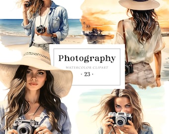 May include: Four watercolor illustrations of women with cameras. The women are wearing hats and casual clothing. The illustrations are set against a beach and sunset background. The text "Photography Watercolor Clipart 23" is in the center of the image.