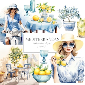 Clipart méditerranéen, citrons clipart, clipart Grèce Italie, voyage des cliparts, vacances d'été, limonade Clipart, graphisme méditerranéen