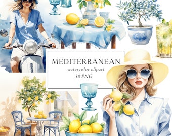 Mediterranean Clipart, Lemons Clipart, Greece Italy Clipart, Travel Clipart, Summer Vacation, Lemonade Clipart, Mediterranean Graphics