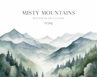Mountain Clipart Watercolor, Foggy Mountain Landscape Png, Misty Forest Clipart, Nature Clipart, Forest Landscape, Nature Illustrations