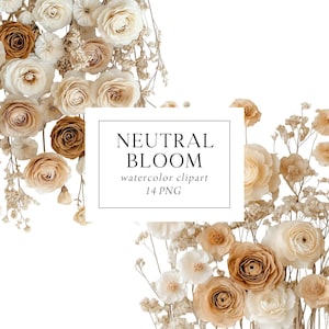 Clipart Floral Neutro, Clipart de Buquês Neutros de Casamento, Clipart Floral Bege, Flores Boho, Flores Marrons Bege, Buquês Elegantes