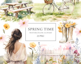 Spring Clipart Watercolor, Picnic Clipart, Spring Scenery, Wildflower Spring Meadow, Spring Planner Stickers, Scrapbooking, Commercial Use