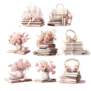 Op de afbeelding: Een verzameling van zes illustraties met stapels boeken, roze bloemen en koptelefoons. De boeken hebben de tekst "OCEAN ART STATION" op de omslagen. Sommige illustraties bevatten een witte theepot en een witte kop.