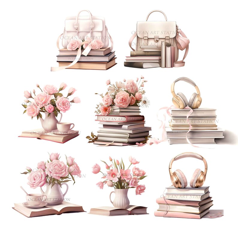Op de afbeelding: Een verzameling van zes illustraties met stapels boeken, roze bloemen en koptelefoons. De boeken hebben de tekst "OCEAN ART STATION" op de omslagen. Sommige illustraties bevatten een witte theepot en een witte kop.