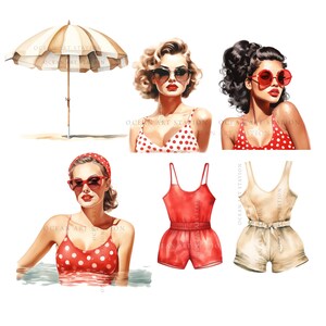 Puede incluir: Cuatro ilustraciones de acuarela de mujeres con trajes de ba&ntilde;o de lunares rojos y blancos. Una mujer est&aacute; de pie en la playa con una sombrilla de playa detr&aacute;s de ella. Otra mujer est&aacute; de pie en el agua. Las otras dos mujeres est&aacute;n de pie sobre un fondo blanco. Las ilustraciones son todas en un estilo vintage.