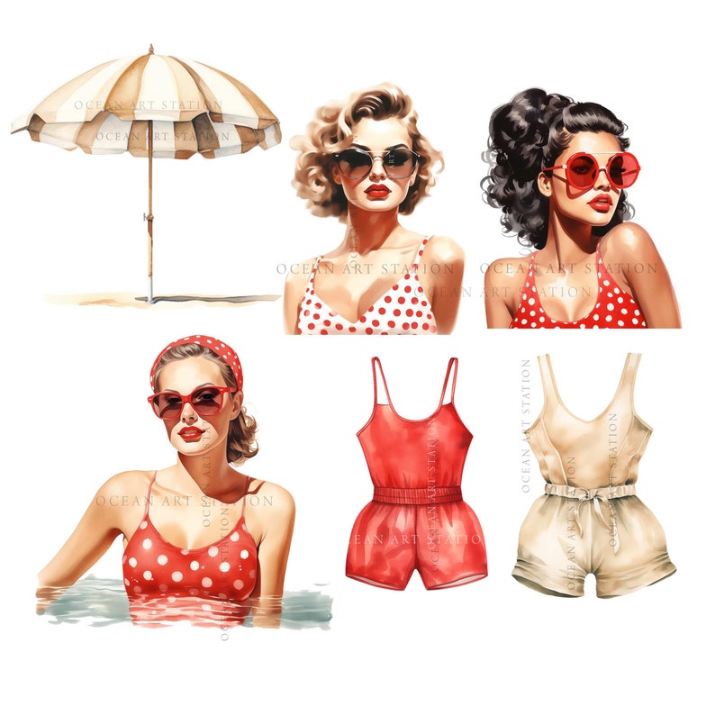 Puede incluir: Cuatro ilustraciones de acuarela de mujeres con trajes de ba&ntilde;o de lunares rojos y blancos. Una mujer est&aacute; de pie en la playa con una sombrilla de playa detr&aacute;s de ella. Otra mujer est&aacute; de pie en el agua. Las otras dos mujeres est&aacute;n de pie sobre un fondo blanco. Las ilustraciones son todas en un estilo vintage.