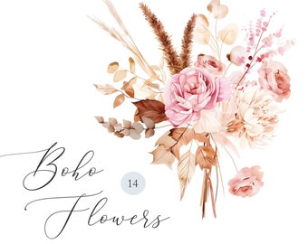 May include: A watercolor illustration of a bouquet of boho flowers with pink roses, dried grasses, and eucalyptus leaves. The text "Boho Flowers" and the number "14" are written below the bouquet.