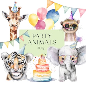 Clipart animali da festa, Clipart animali da safari, simpatici animali di compleanno, animali della giungla dello zoo, adesivi di animali carini