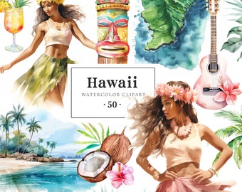 Hawaii Clipart Watercolor, Tiki Clipart, Hawaii Girl Clipart, Hawaii Stickers, Tropical Clipart, Hawaii Illustrations, Hawaii Party