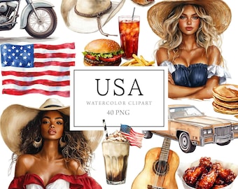 USA Clipart Akvarell, 4 juli Clipart, Amerika Clipart, USA, USA Digitala Klistermärken, USA Akvarell Illustration, Scrapbooking