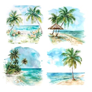 Tropical Beach Clipart, Palm Trees Clipart Watercolor, Palm Beach Clipart, Tropical Island Scene Landscape, Exotic Beach, Sea View Vacation image 2