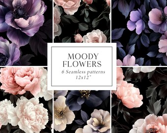 Moody Floral Digital Papers, Dark Moody Seamless Patterns, Dark Floral Patterns, Moody Fabric Prints, Gothic Baroque Papers, Scrapbooking
