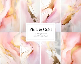 May include: A set of 18 digital backgrounds featuring abstract pink and gold watercolor designs. The backgrounds are 18x24 inches and 300 dpi.