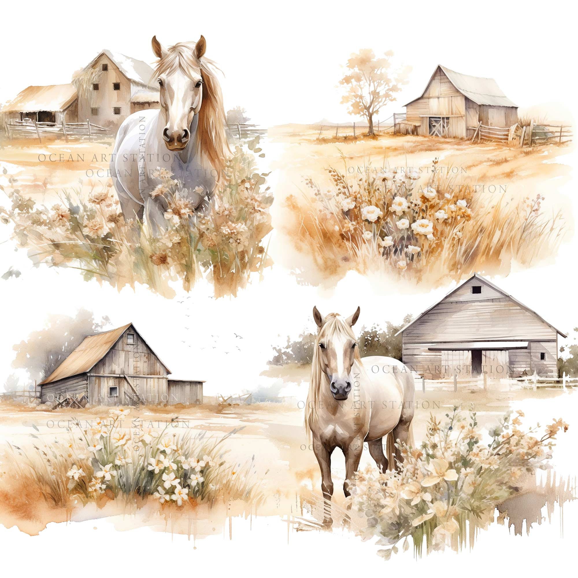 Ranch Clipart Watercolor, Horse Ranch, Country Clipart, Western Clipart ...