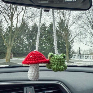 Mushroom & Frog Car Mirror Charm, Crochet Car Accessory, Forest decor, mushroom decor, crochet frog, crochet mushroom, Crochet car hanger,