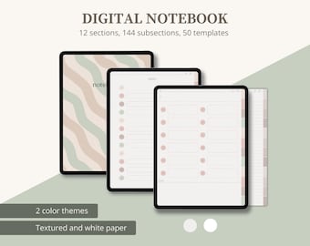 Cuaderno digital de 12 pestañas con subsecciones, diario digital con hipervínculos, cuaderno para estudiantes, formato vertical