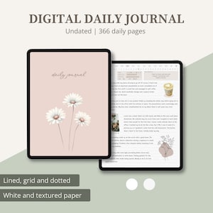 Puede incluir: Diario digital diario con 366 páginas sin fecha. La portada presenta un fondo rosa con tres margaritas blancas. El diario está disponible en estilos de líneas, cuadrícula y puntos, así como en papel blanco y texturizado.
