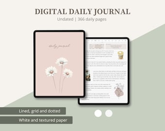 May include: Digital daily journal with 366 undated pages. The cover features a pink background with three white daisies. The journal is available in lined, grid, and dotted styles, as well as white and textured paper.