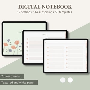 Könnte beinhalten: Digitales Notizbuch mit 12 Abschnitten, 144 Unterabschnitten und 50 Vorlagen. Das Notizbuch hat zwei Farbschemata und ist in strukturiertem und weißem Papier erhältlich. Das Bild zeigt eine Titelseite mit einem Blumendesign und eine Indexseite.