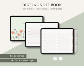 Cuaderno digital de 12 pestañas con subsecciones, diario digital con hipervínculos, cuaderno para estudiantes, formato horizontal