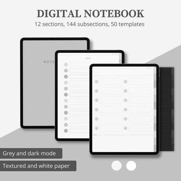 12 Tab Digital Notebook with Subsections, Digital Hyperlinked Journal, Student Notebook, Portrait