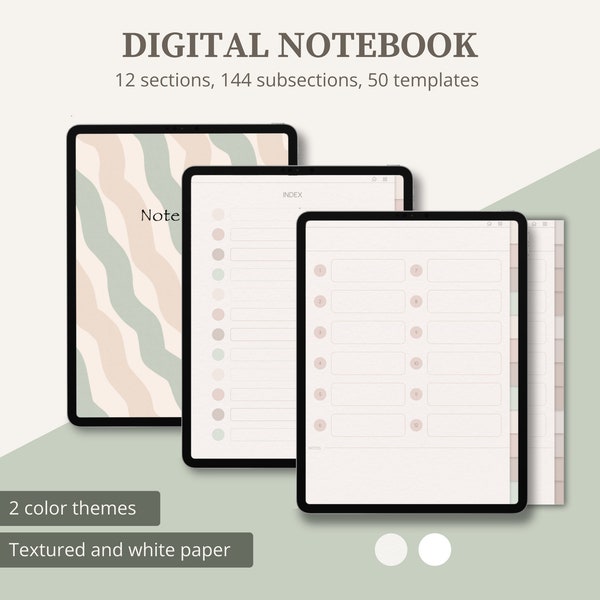 Cuaderno digital de 12 pestañas con subsecciones, diario digital con hipervínculos, cuaderno de estudiantes, retrato
