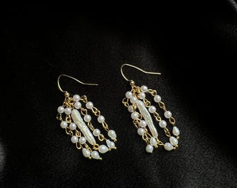 Pearls With Pearl Chain Drop Earrings | White Long Stick Shape Pearl | Minimalist Dainty Pearl Earrings | Bridal Earrings
