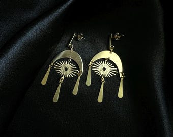 Celestial Earrings Crescent Moon and Raindrop Earrings Gold Festival Earrings
