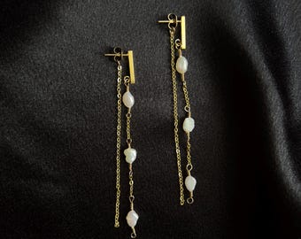 Freshwater Pearl Dangle Earrings – Gold Chain Drop Earrings, Handmade Baroque Pearl Jewelry Modern Pearl Earrings – Long Gold Chain Dangle