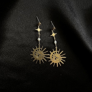 Boho Sun Earrings – Gold Sun Face Statement Earrings with Star and Pearl Accents Sun and Star Earrings – Handmade Gold Celestial Earrings