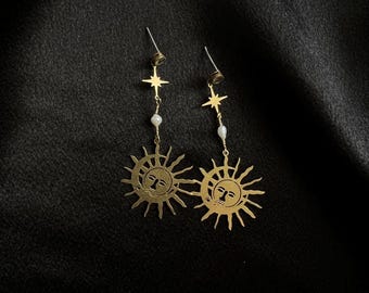 Boho Sun Earrings – Gold Sun Face Statement Earrings with Star and Pearl Accents Sun and Star Earrings – Handmade Gold Celestial Earrings