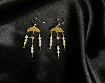 Nativity Earrings – Gold Crescent Moon and Star Earrings with Freshwater Pearls, Celestial Statement Jewelry Pearl Dangle Earrings