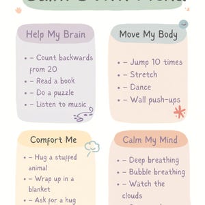 May include: A Calm Down Menu chart with a light green header and four pastel-colored sections titled Help My Brain, Move My Body, Comfort Me, and Calm My Mind. Each section lists four activities in dark text, including counting backwards, jumping, hugging a stuffed animal, and deep breathing.