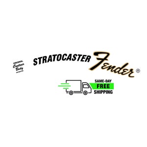 May include: Black and white logo for Fender Stratocaster guitars with the text "Original Contour Body Patented" and "Fender" with a gold script font. The logo is accompanied by a black and white delivery truck with a green banner that reads "Same-Day Free Shipping."