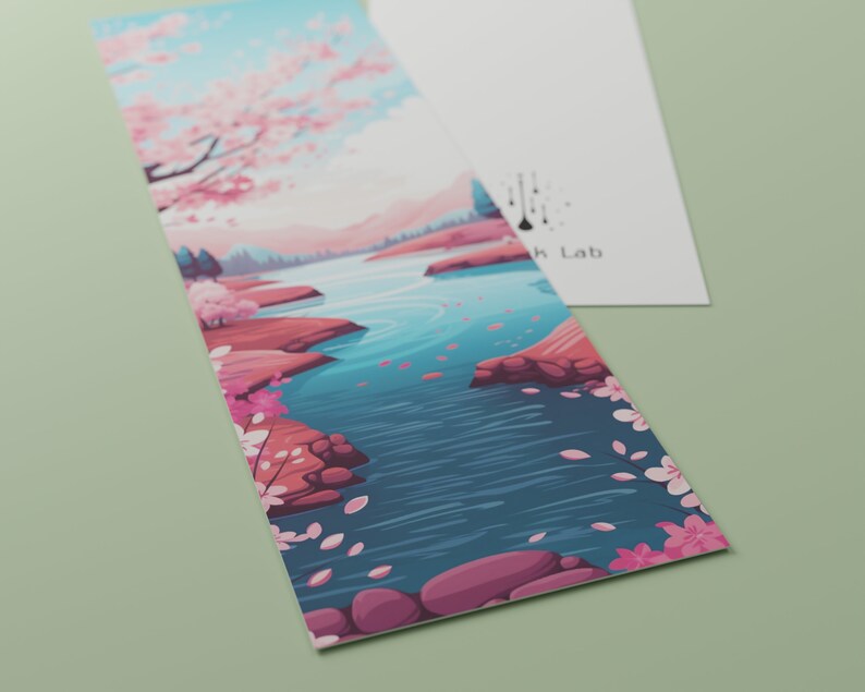 Marque-page paysage japonais, Marque page papier, Illustration nature cerisier du japon, Signet pour livre image 3