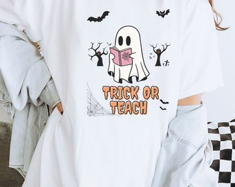 先生のハロウィンシャツ、ゴースト先生のシャツ、ハロウィンシャツ、不気味な先生のTシャツ、先生のための秋シャツ、読書ゴーストシャツ