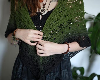 Crochet Forest Shawl – Handmade Cotton Wrap in Earthy Green Gradient