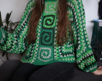 Handmade Crochet Sweater with Spiral Pattern – 100% Cotton Boho Pullover